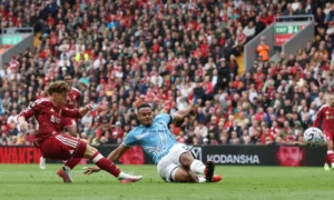 Liverpool players celebrate Victor Munoz’s late goal against Nottingham Forest