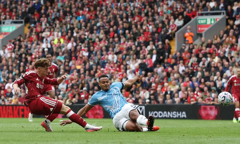 Liverpool players celebrate Victor Munoz’s late goal against Nottingham Forest