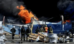 Russian drone attack and explosion near Kyiv during the Ukraine war