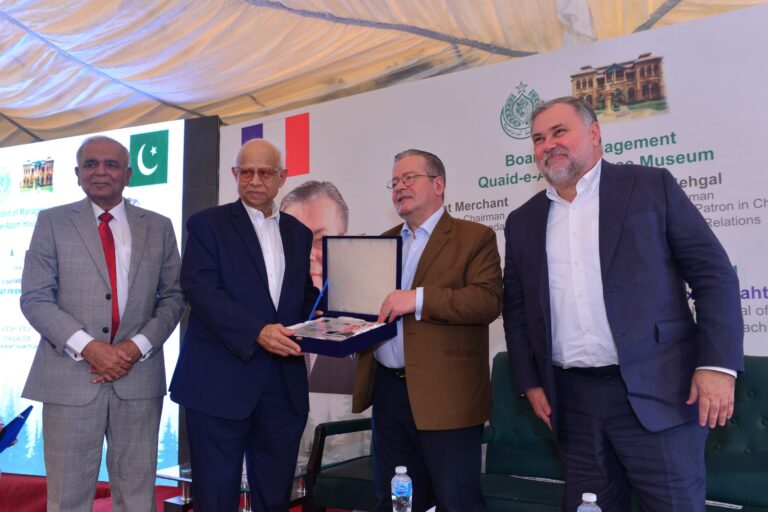Ikram Sehgal with French Ambassador Nicolas Galey and Consul General Alexis Chahtahtinsky at Karachi farewell