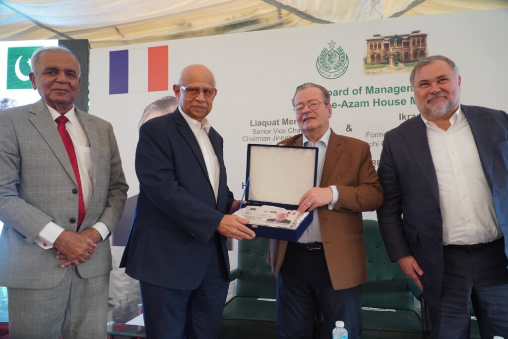 Ikram Sehgal with French Ambassador Nicolas Galey and Consul General Alexis Chahtahtinsky