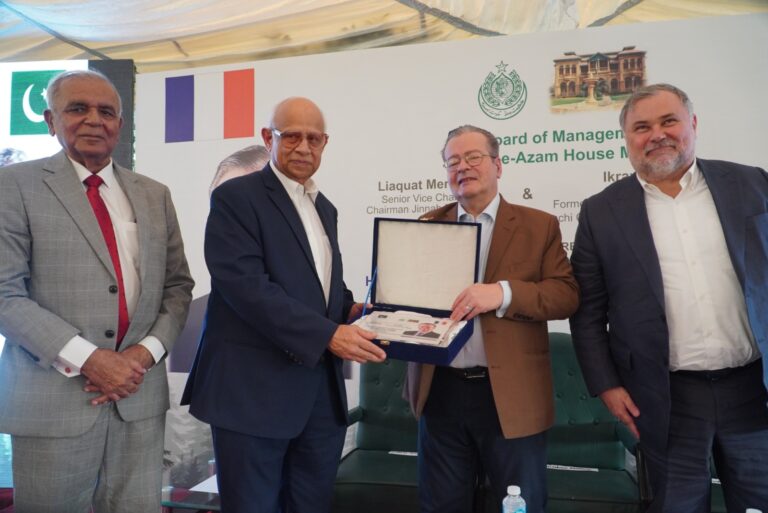 Ikram Sehgal with French Ambassador Nicolas Galey and Consul General Alexis Chahtahtinsky