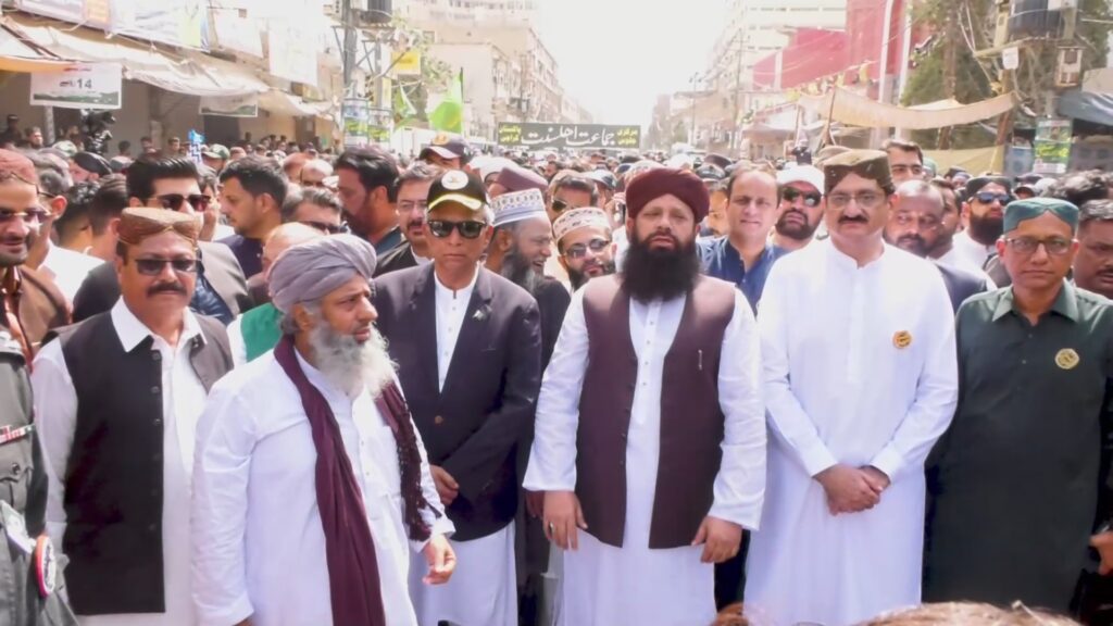 Sindh Governor Nihal Hashmi leads Eid Milad-un-Nabi procession at Memon Mosque Bolton Market Karachi