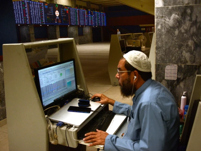 Pakistan Stock Exchange trading session showing volatility in the KSE-100 Index amid profit-taking and global market uncertainty.