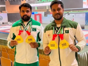 Pakistani Ju-Jitsu athletes celebrate winning two gold medals and one bronze at the 2026 World Ju-Jitsu Championship in Abu Dhabi.