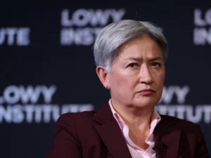 Australian Foreign Minister Penny Wong speaking about Zomi Frankcom and Gaza aid workers