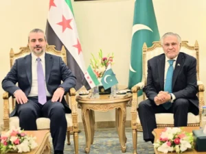 Ishaq Dar and Syrian Foreign Minister Asaad Al-Shaibani during talks in Islamabad