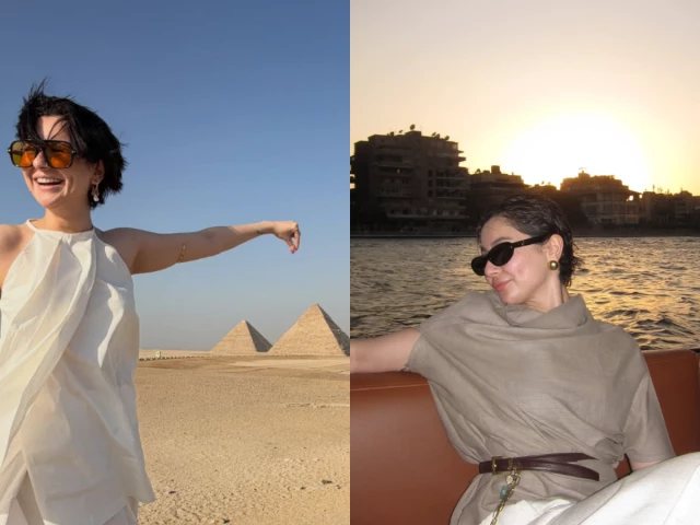 Hania Aamir poses in stylish outfits during her travels across Europe and Egypt