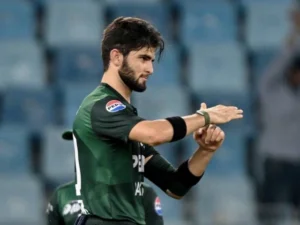 Shaheen Shah Afridi celebrates after rejoining Kandy Royals for the Lanka Premier League playoffs.