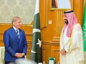 Prime Minister Shehbaz Sharif and Crown Prince Mohammed bin Salman hold a bilateral meeting at Al-Safa Palace in Makkah.
