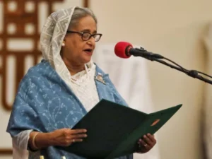 Former Bangladesh Prime Minister Sheikh Hasina during a public appearance before her exile.