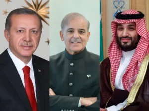 Prime Minister Shehbaz Sharif, Crown Prince Mohammed bin Salman and President Recep Tayyip Erdoğan during the Makkah Joint Defence Summit.