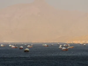 Commercial vessels sailing through the Strait of Hormuz during diplomatic talks.