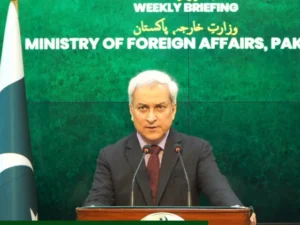 Pakistan Foreign Office spokesperson Tahir Andrabi speaking at a media briefing