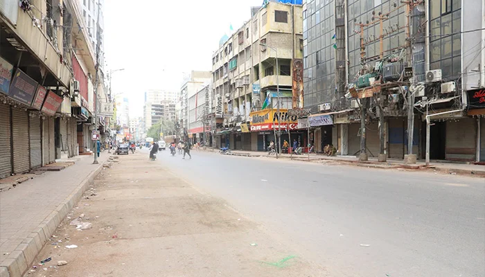Closed markets in Karachi during Jamaat-e-Islami strike against petroleum levy.
