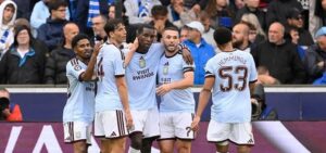 Aston Villa players celebrate 3-2 win over Club Brugge in Champions League