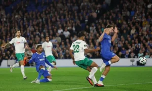 Brighton players compete against Kauno Zalgiris in a UEFA Conference League match.
