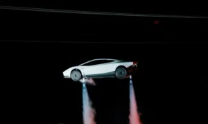 Tesla Roadster equipped with thrusters during Elon Musk’s flying car demonstration.
