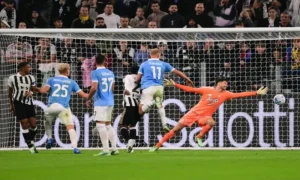 Lazio players celebrate after scoring during their Serie A match against Juventus.