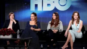Lena Dunham, Jemima Kirke, Zosia Mamet and Allison Williams seated together at an HBO event.