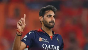 Indian fast bowler Bhuvneshwar Kumar during a cricket match.