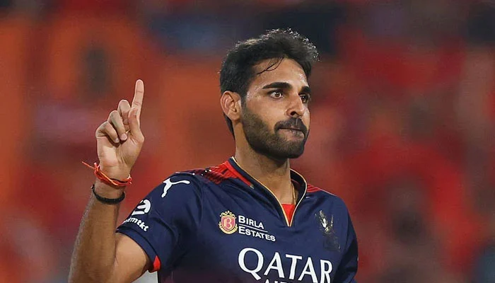 Indian fast bowler Bhuvneshwar Kumar during a cricket match.