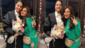 Saba Qamar and Rakhi Sawant smiling and interacting during their Dubai meeting.