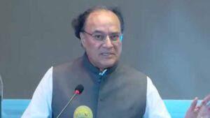 Finance Minister Muhammad Aurangzeb speaking at the International Poultry Expo in Lahore.