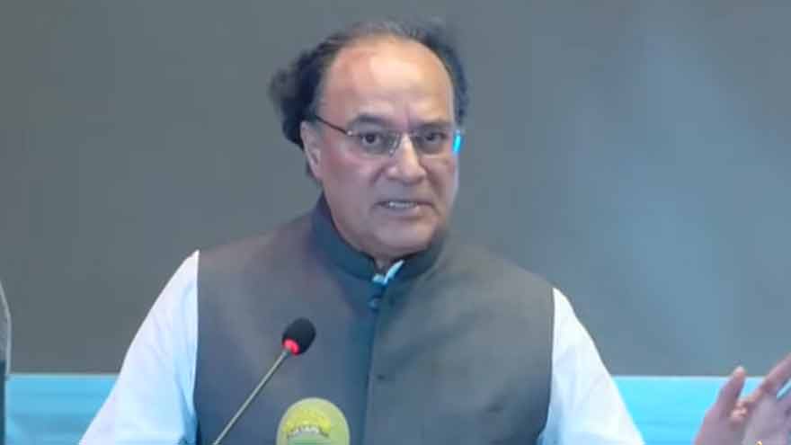 Finance Minister Muhammad Aurangzeb speaking at the International Poultry Expo in Lahore.