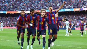 - Barcelona players celebrate during a LaLiga match against Getafe.