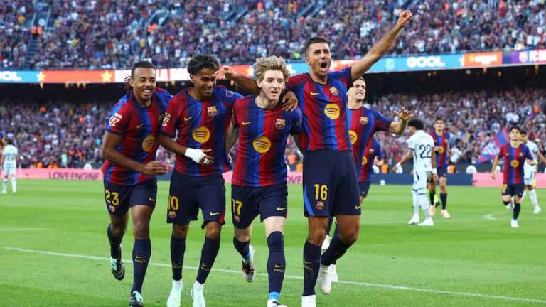 - Barcelona players celebrate during a LaLiga match against Getafe.