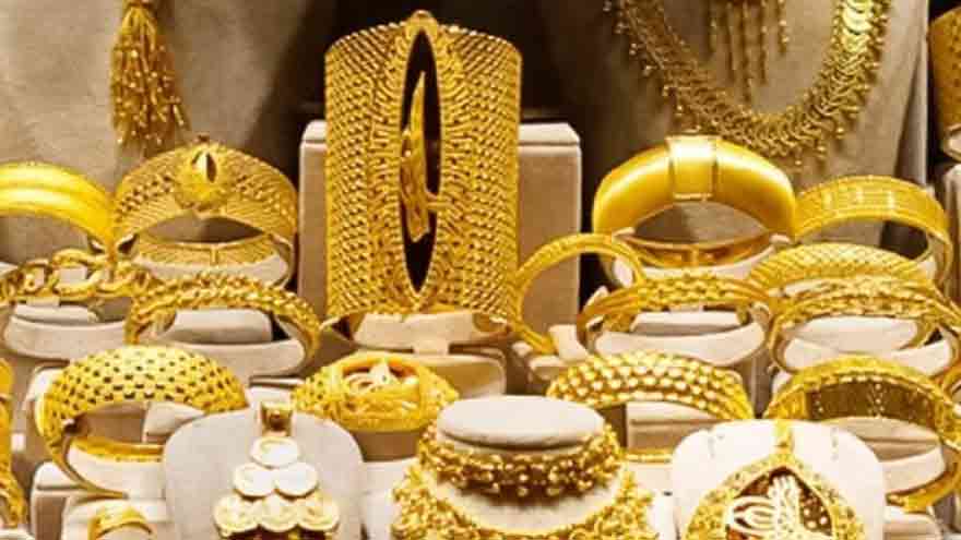 Gold jewellery displayed in a shop as gold prices rise in Pakistan.