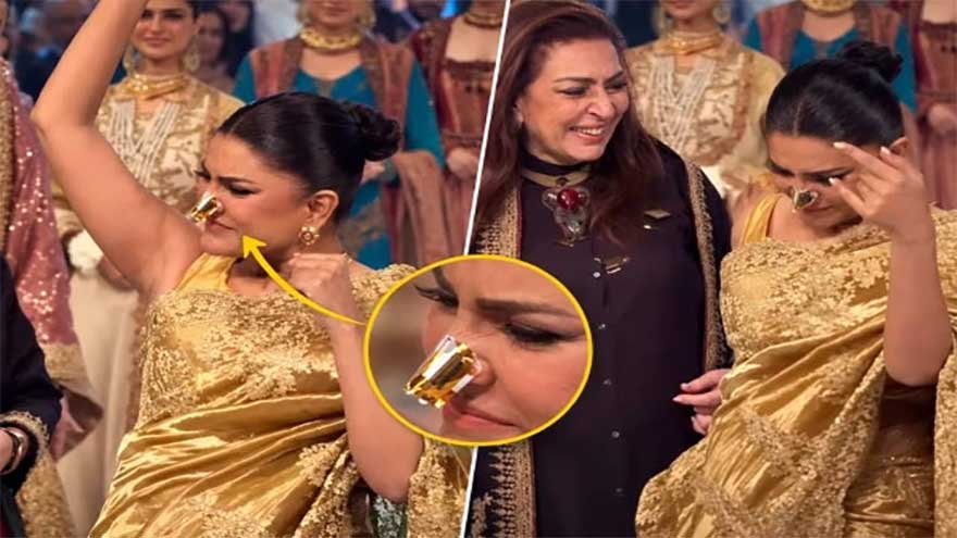 Iffat Omar wearing a golden saree during Lahore Fashion Week Season 2.