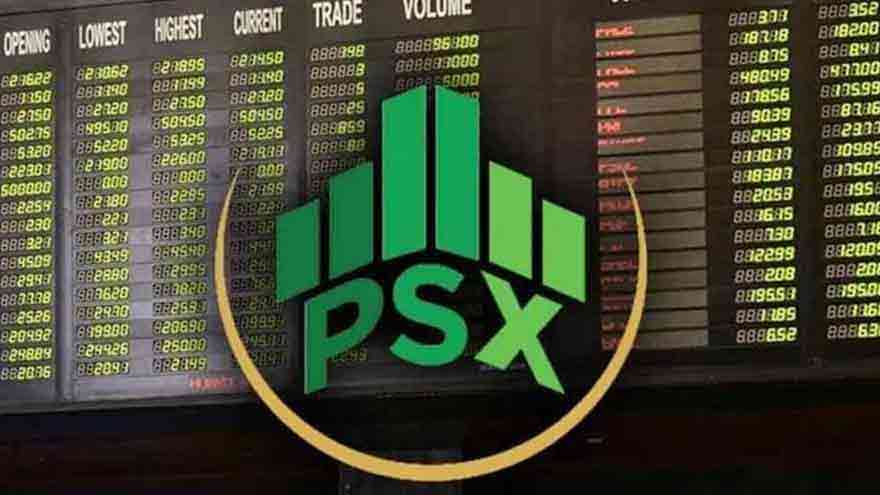 Pakistan Stock Exchange market update showing gains in the benchmark KSE-100 Index.