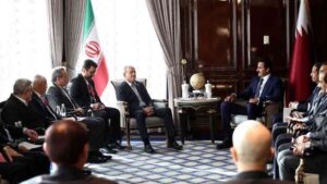1. Diplomatic negotiations between Qatari, Iranian and US representatives over a proposed peace agreement.