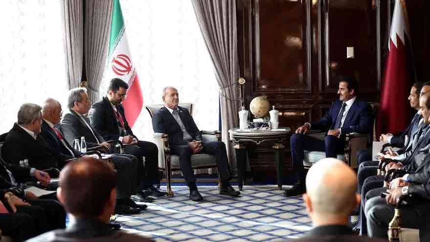 1. Diplomatic negotiations between Qatari, Iranian and US representatives over a proposed peace agreement.