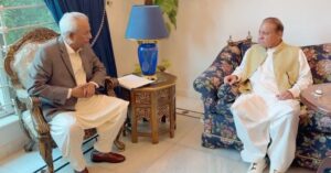 Nawaz Sharif meets Sindh Governor Nehal Hashmi at Jati Umra in Raiwind on October 9, 2026.