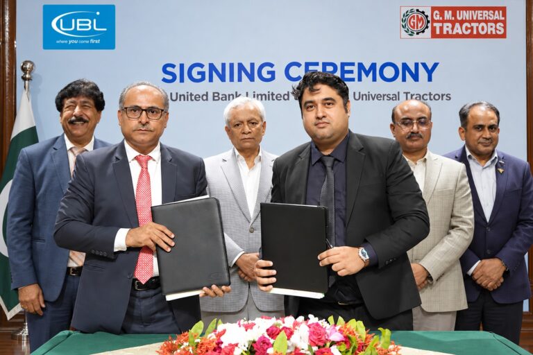 UBL Rural Bank and Universal Agri Tractor Company representatives attend the tractor financing partnership signing ceremony with Sindh Governor Syed Muhammad Nehal Hashmi.