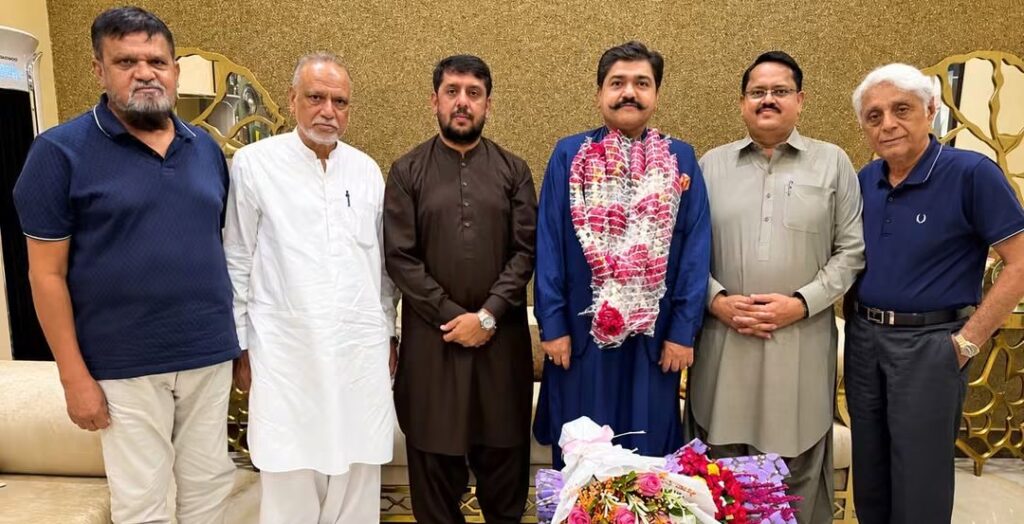- Sardar Shahid Laghari with senior members congratulating him on his POEPA CEC election victory.