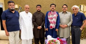 - Sardar Shahid Laghari with senior members congratulating him on his POEPA CEC election victory.