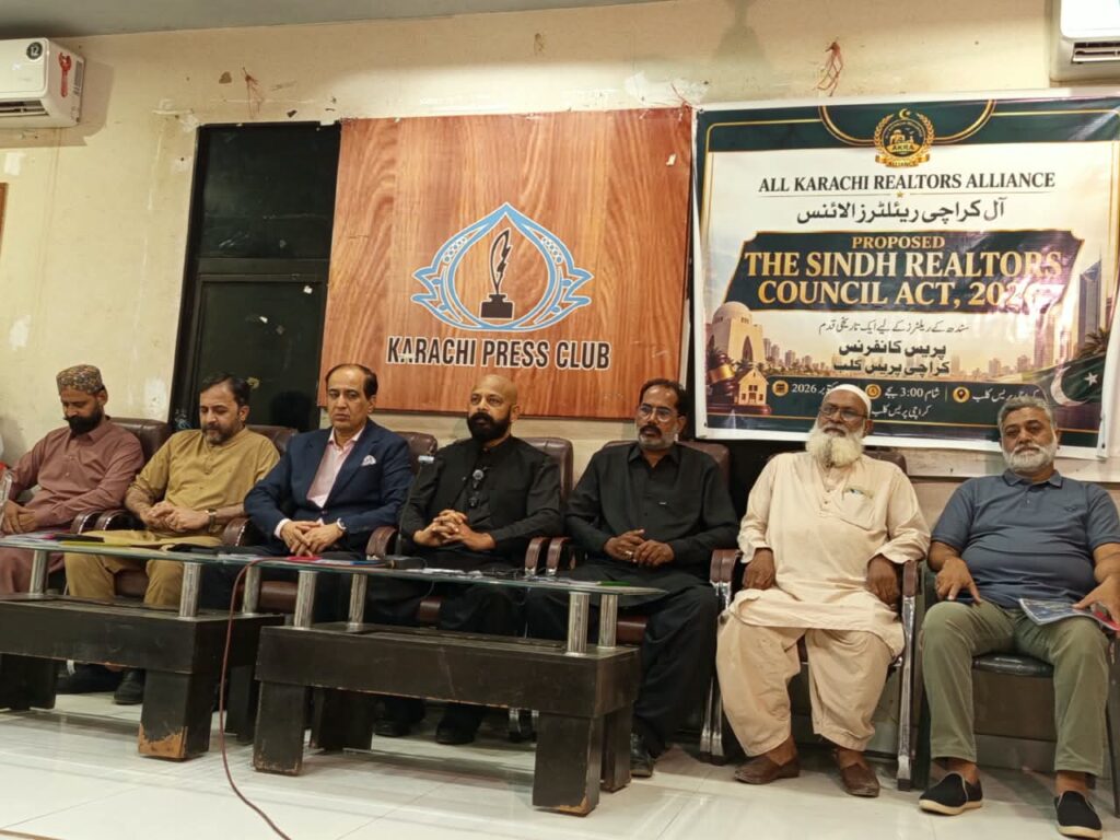 Karachi real estate association representatives discuss the proposed Sindh Realtors Council Act 2026 at the Karachi Press Club.