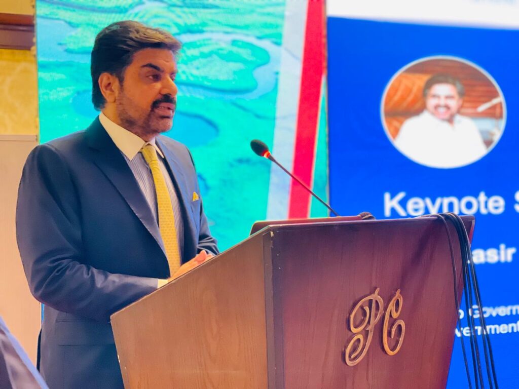 Nasir Hussain Shah speaking at the Climate Finance Accelerator Investor Roadshow 2026 in Karachi.