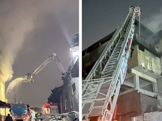 Firefighters and emergency teams respond to a major garment factory fire in Karachi’s SITE area.