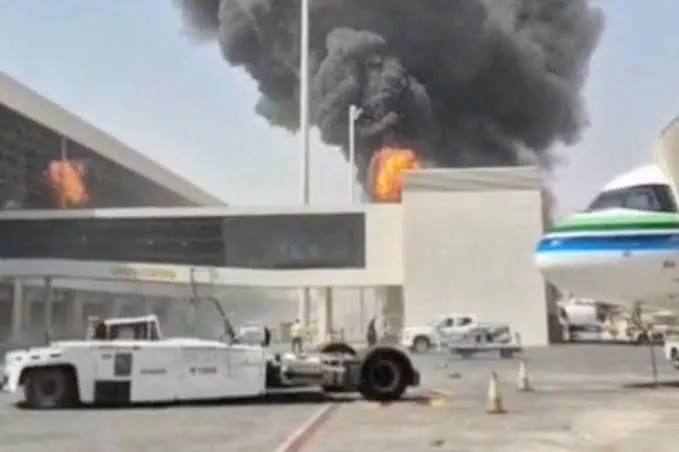 Smoke and flames near King Khalid International Airport in Riyadh after a reported attack.