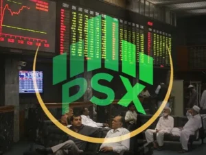 Pakistan Stock Exchange trading screen showing stock market activity.