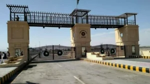 - Freight trucks at a Pakistan-Iran border crossing amid a reported suspension of commercial trade.