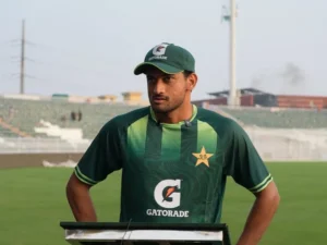 Pakistan batter Hasan Nawaz speaking to reporters after his comeback against India