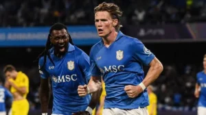 Scott McTominay celebrates during Napoli’s Champions League match against Bodø/Glimt.