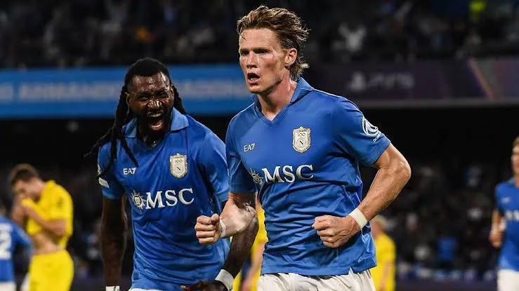 Scott McTominay celebrates during Napoli’s Champions League match against Bodø/Glimt.
